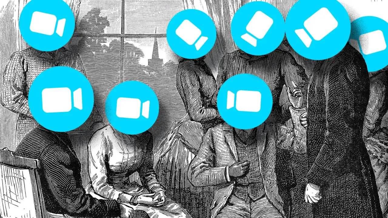 Digitale Versammlungen mit Zoom-Symbolen &uuml;ber viktorianischen Figuren. Die Netiquette Bedeutung wird durch moderne Symbole auf historischen Gesichtern verdeutlicht.