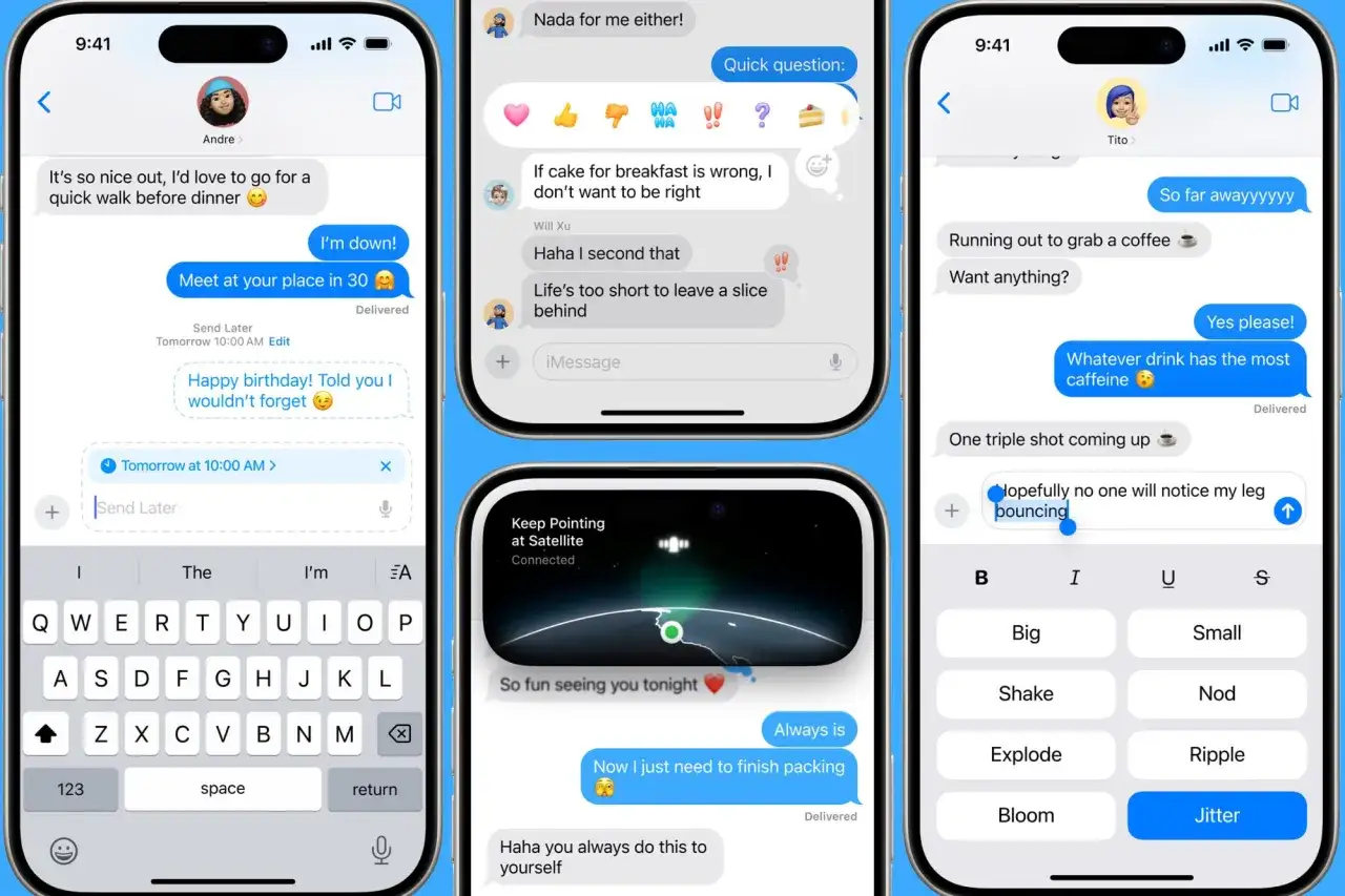 Trzy ekrany iPhone'a z rozmowami iMessage. Jeden pokazuje planowanie spotkania, drugi dyskusję o cieście, a trzeci zamawianie kawy.