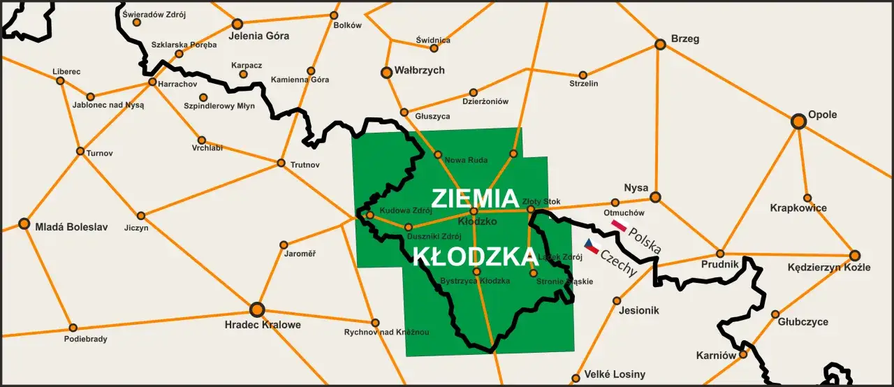 Mapa przedstawia region Ziemia Kłodzka na Dolnym Śląsku, z zaznaczonymi miastami i drogami w Polsce i Czechach.