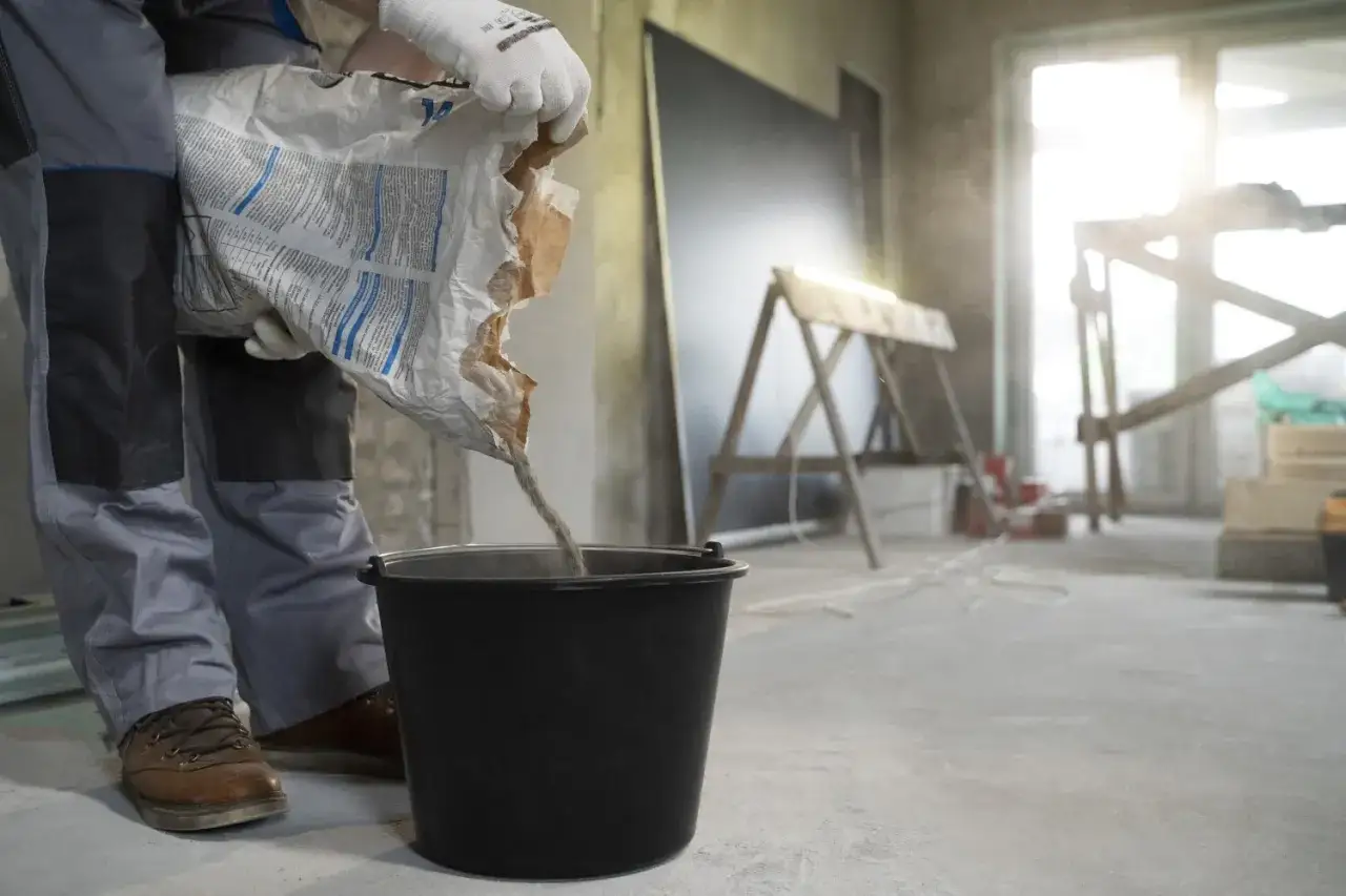 Pr&eacute;paration du mortier pour enlever le carrelage. Un ouvrier verse un sac de poudre dans un seau noir.