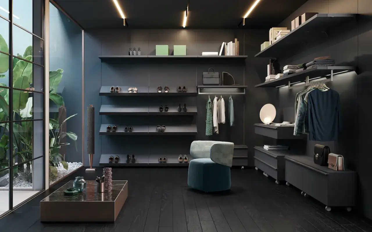 Armadio moderno con ripiani a vista per organizzare scarpe e vestiti. Un modo elegante per organizzare armadio senza cassetti, con un tocco di design.