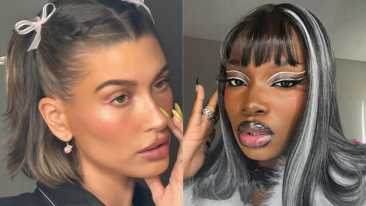 Dos estilos de delineados aesthetic: uno rosa sutil con moños en el pelo, y otro blanco audaz con labios brillantes y cabello bicolor.