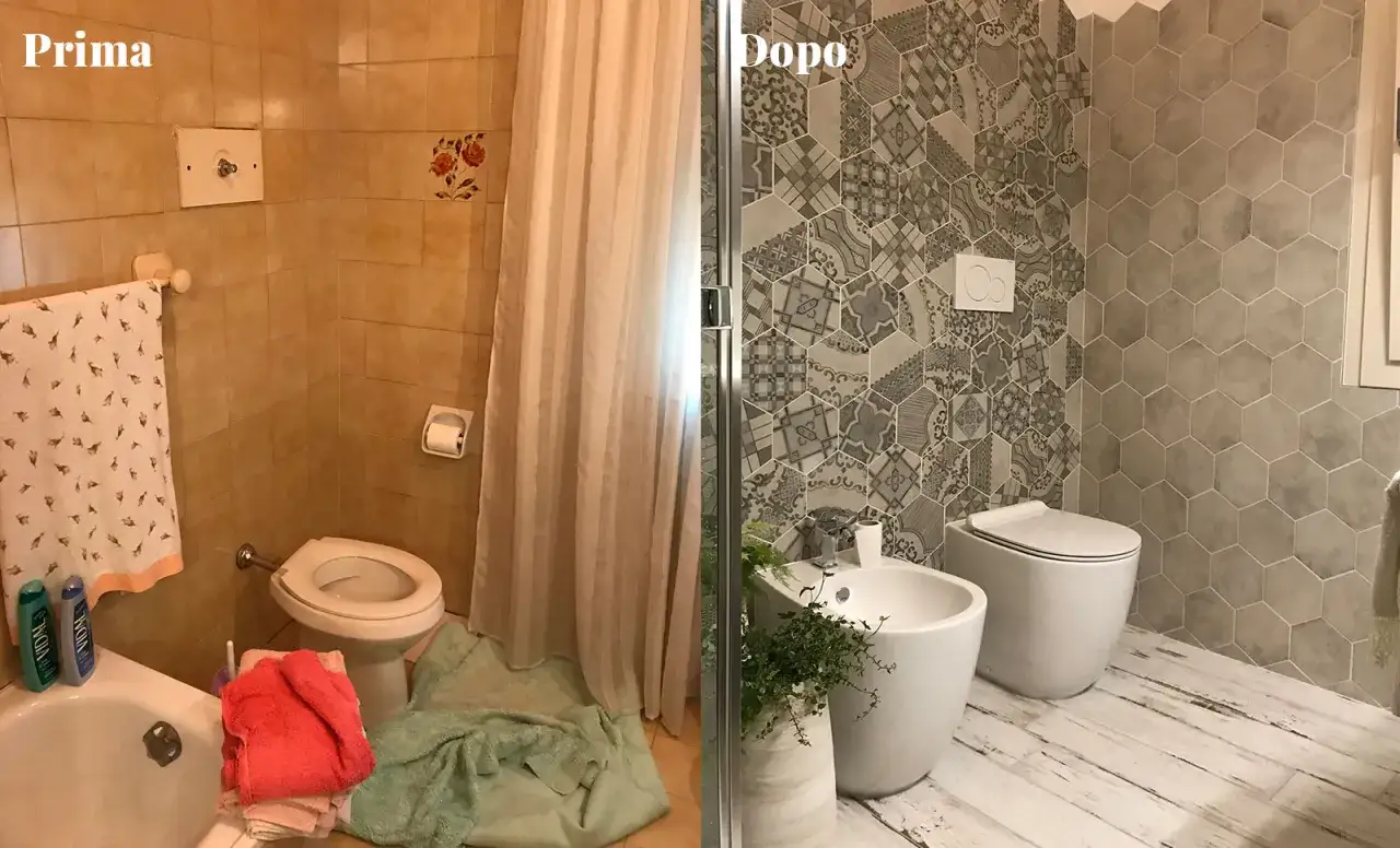 Bagno prima e dopo: i pro e i contro di dipingere le piastrelle del bagno. Trasformazione da arancione a grigio moderno.