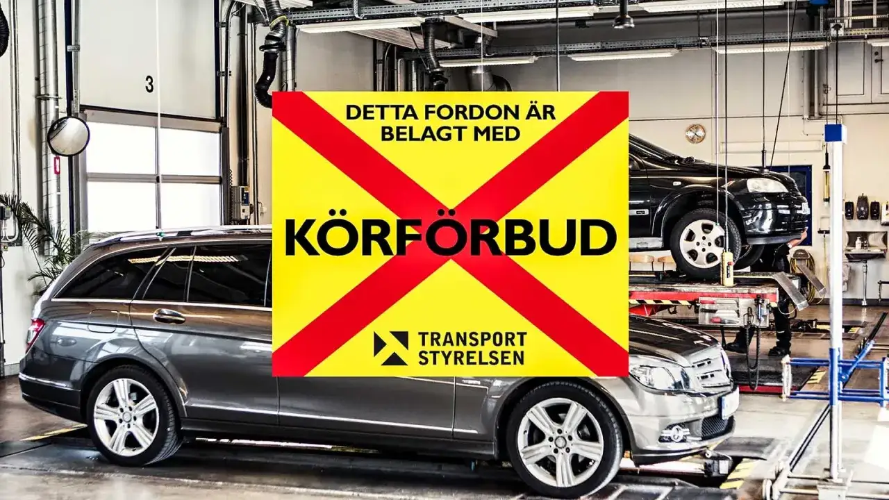 Bil med körförbud på verkstad. Skylten informerar om att fordonet inte får köras, vilket kan bero på att ombesiktning regler inte uppfyllts.