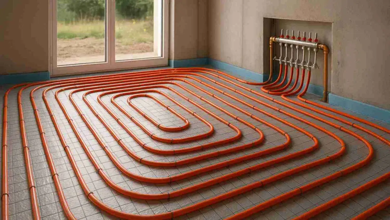 Système de chauffage maison : tuyaux orange enroulés sur le sol, connectés à un collecteur. Confort et efficacité énergétique.