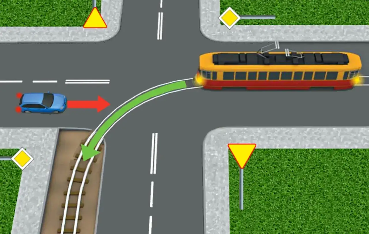 Skrzyżowanie, gdzie niebieski samochód musi ustąpić pierwszeństwa tramwajowi, który ma pierwszeństwo. Zielona linia pokazuje tor jazdy tramwaju.
