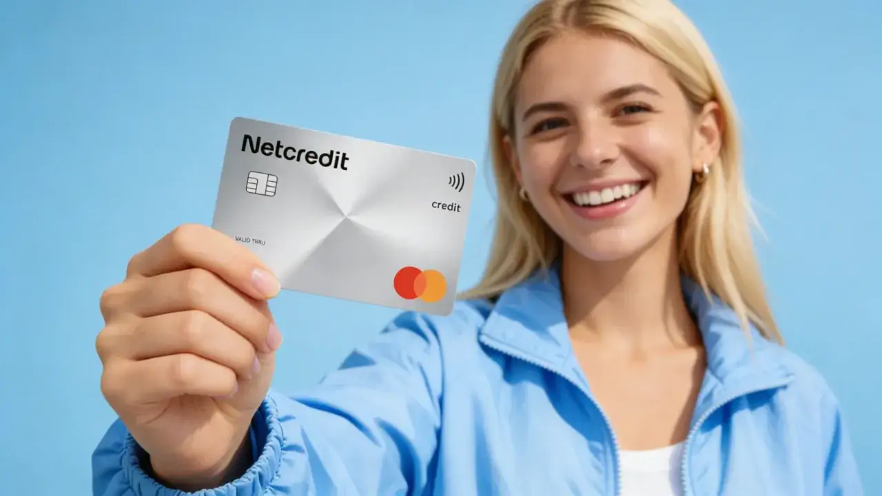 Uśmiechnięta blondynka prezentuje kartę Netcredit. Czy nagroda gwarantowana w pożyczce to zawsze tani gadżet o niskiej wartości?