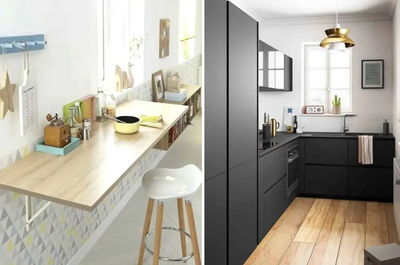 Am&eacute;nagement petite cuisine 4m2 : coin repas mural et cuisine moderne noire.