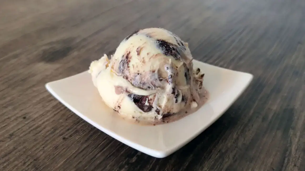 Ein cremiges Butterkeks Eis mit dunklen Schokoladenst&uuml;ckchen schmilzt auf einer wei&szlig;en Schale.