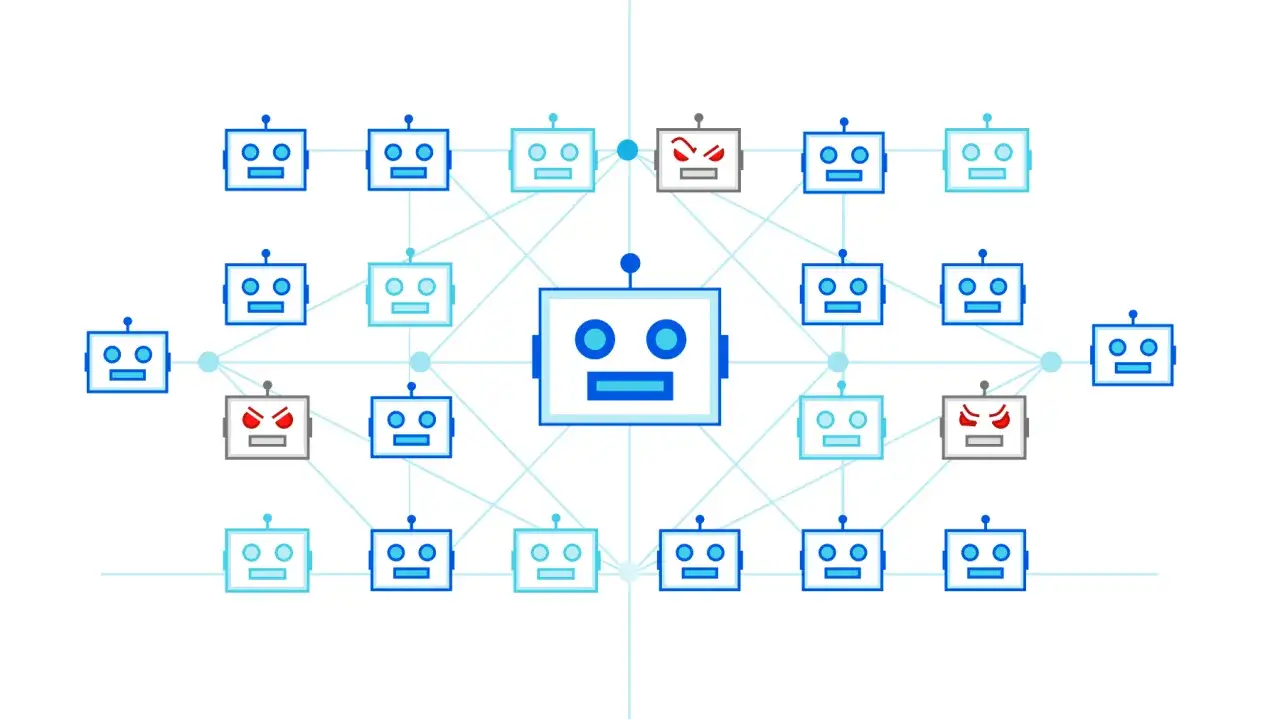 Sieć robot&oacute;w, gdzie jeden z nich, niczym maszynka DDoS, ma złowrogie oczy i atakuje pozostałe.