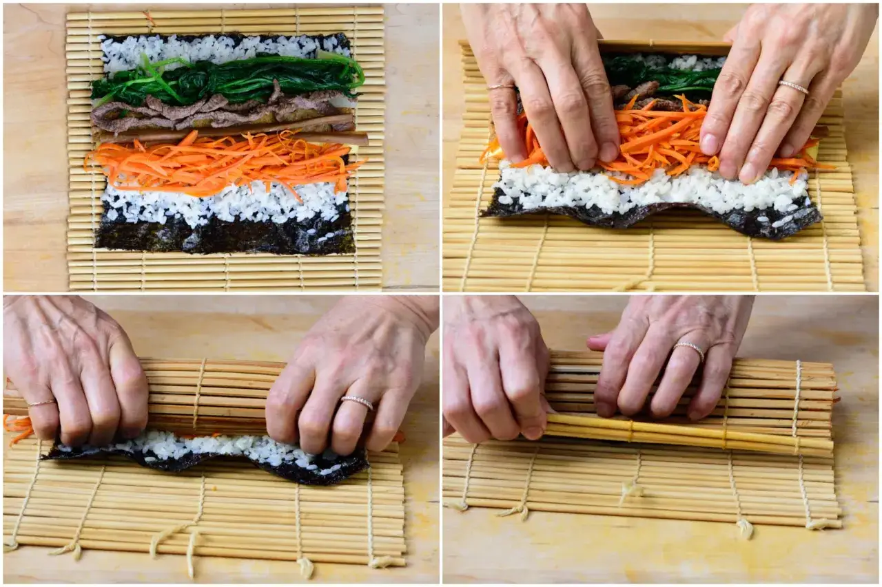 Schritt-für-Schritt-Anleitung für ein Kimbap-Rezept: Reis, Gemüse und Fleisch werden auf Nori-Algen gelegt und mit einer Bambusmatte gerollt.