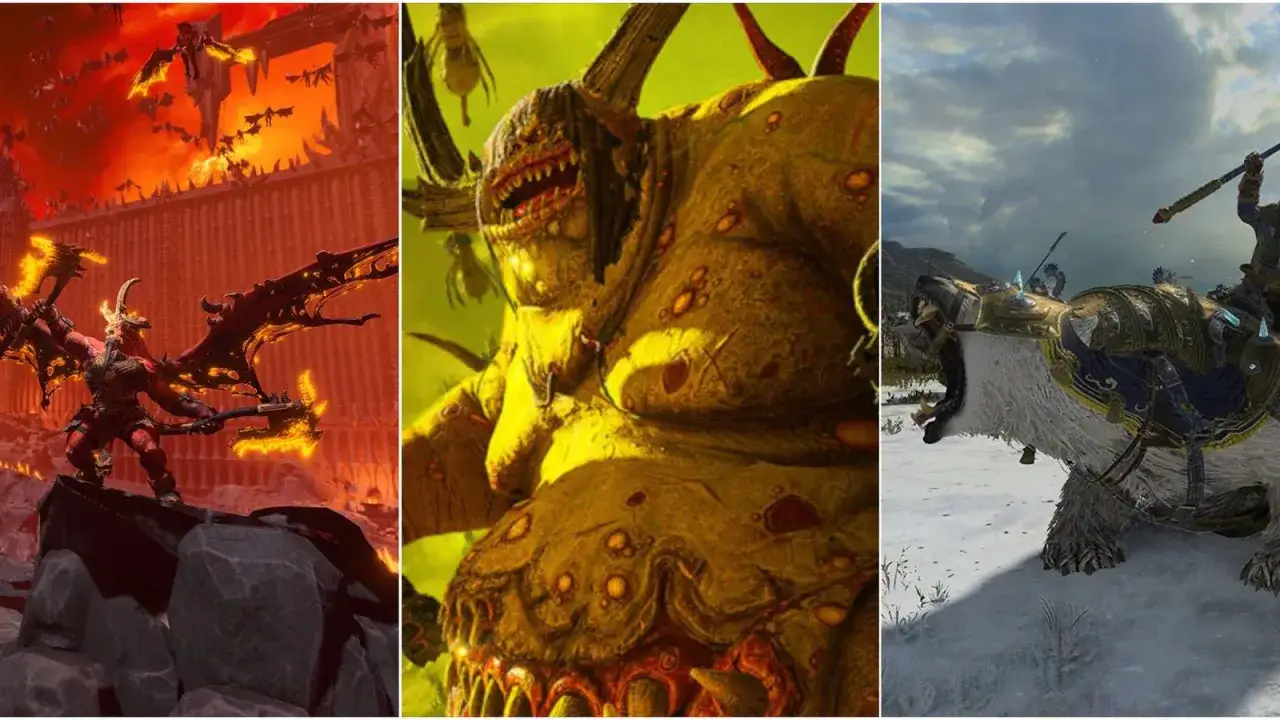 Trzy potężne frakcje Total War Warhammer 3: demoniczny wojownik, ohydny potwór i wojownik na niedźwiedziu polarnym.