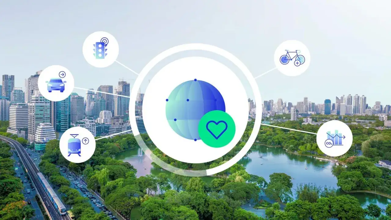 Gr&uuml;ne Stadt mit Icons f&uuml;r nachhaltige Mobilit&auml;t und CO2-Reduktion. Ein Herzsymbol steht f&uuml;r die Zukunft der Nachhaltigkeit.