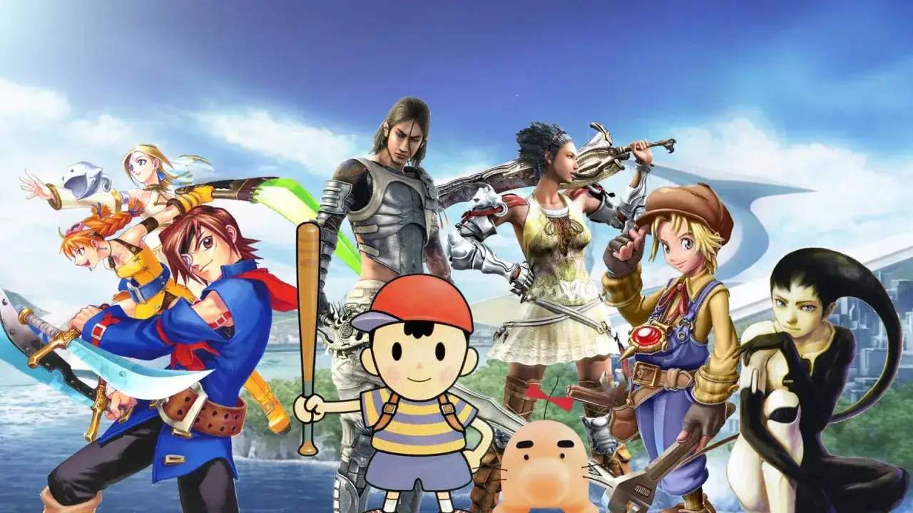 Postacie z gier jrpg, w tym Ness z EarthBound, stoją razem na tle nieba i wody.