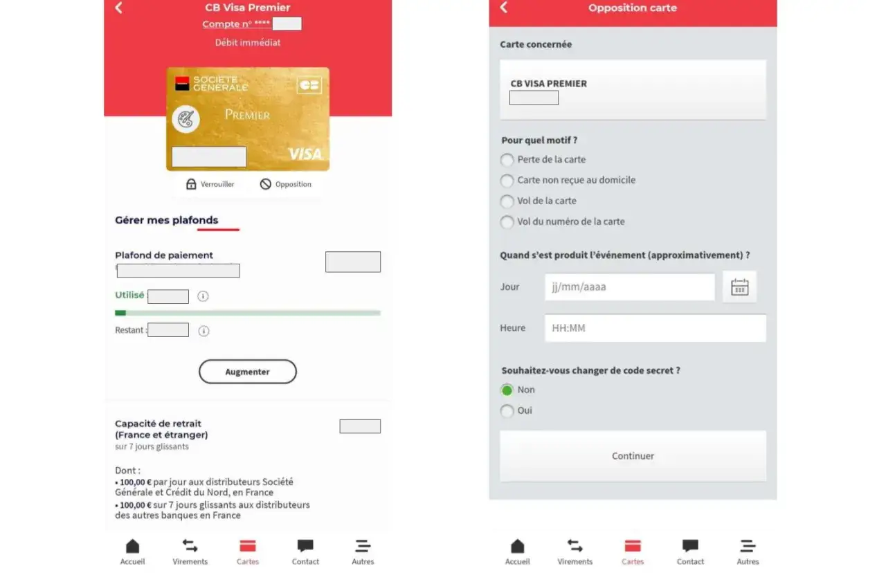 Interface mobile pour bloquer un paiement CB Visa Premier. L'utilisateur peut choisir le motif de l'opposition et la date de l'événement.
