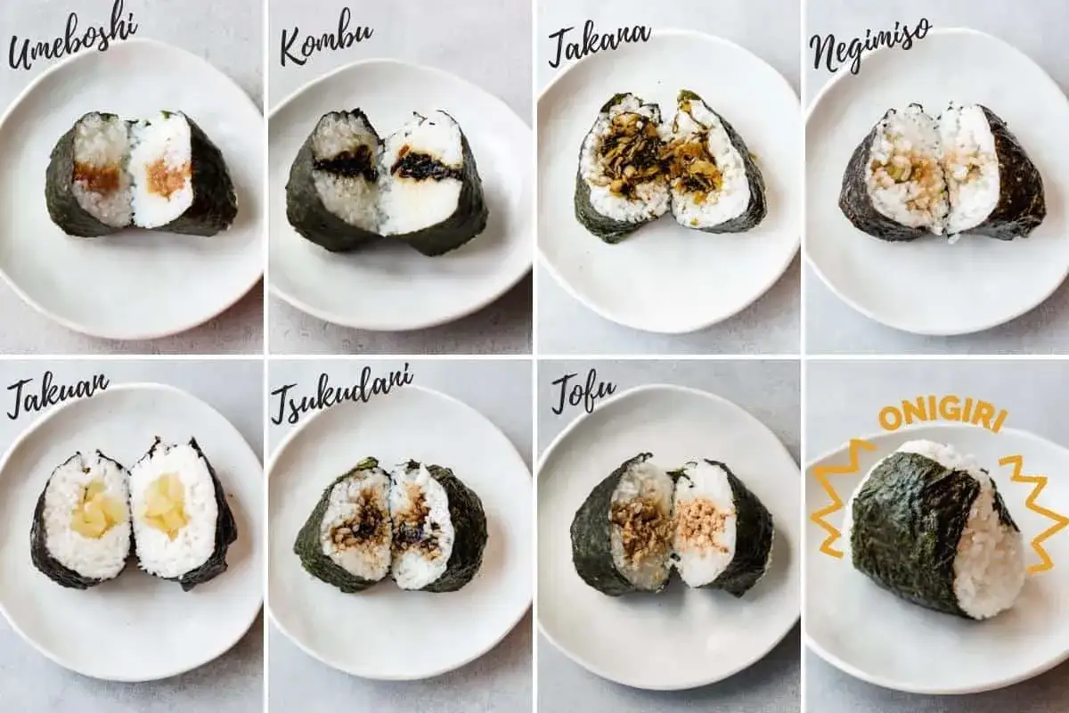 Osiem różnych rodzajów onigiri sushi, każdy z innym nadzieniem: umeboshi, kombu, takana, negimiso, jakuan, tsukudani i tofu.