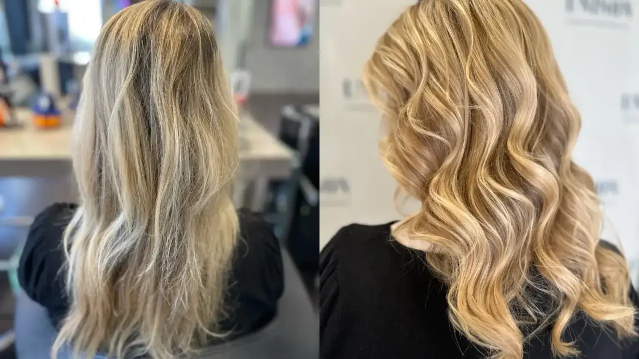 Vorher-Nachher-Vergleich: Blondes Haar wird zu glänzenden Wellen. Aktuelle Haarfarben-Trends für einen strahlenden Look.