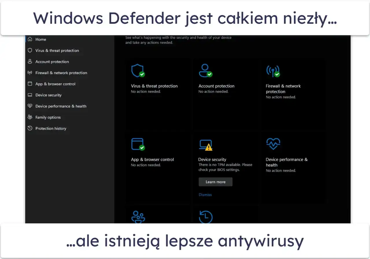 Interfejs Windows Defender pokazuje status ochrony: wirusów, kont, sieci, aplikacji, urządzenia i wydajności. Wszystko działa poprawnie.