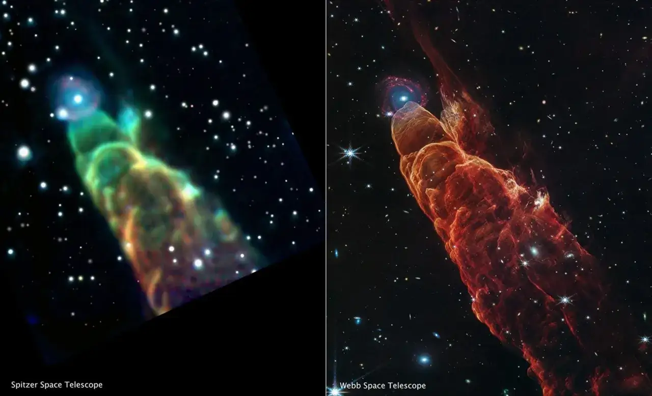 Dwa obrazy mgławicy: po lewej zielono-żółta, po prawej pomarańczowa. To fascynujący widok dla każdego astronoma.