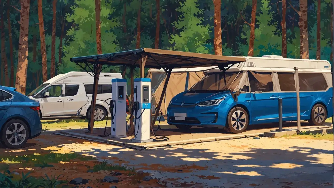Eldrivna husbilar laddas vid en campingplats i skogen.