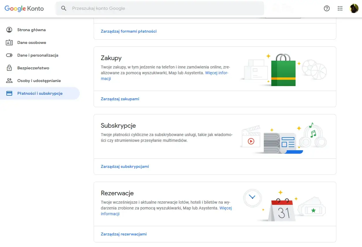 Co wie o mnie Google? Zakupy, subskrypcje i rezerwacje. Zarządzaj płatnościami i danymi.