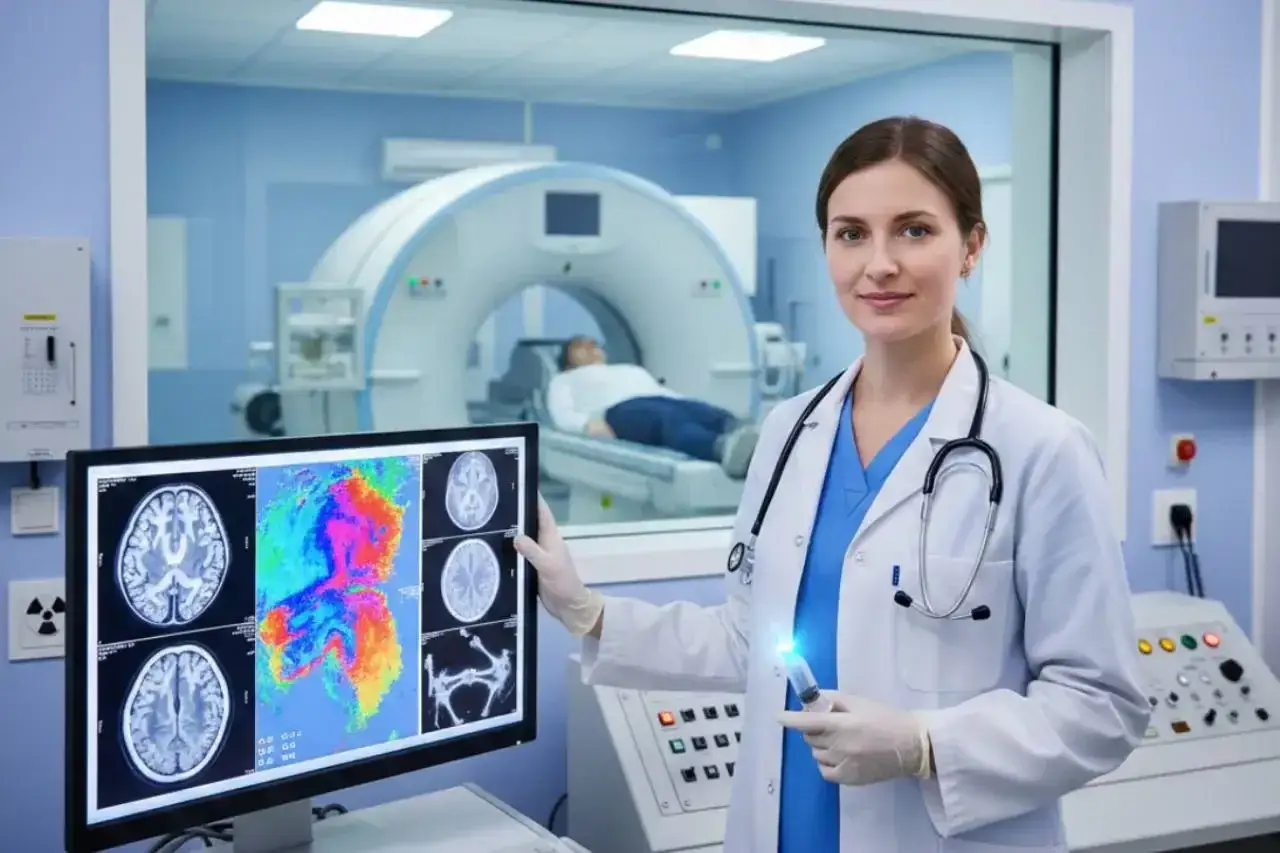 Medico nucleare mostra immagini cerebrali. Un lavoro impegnativo, ma lo stipendio è gratificante.
