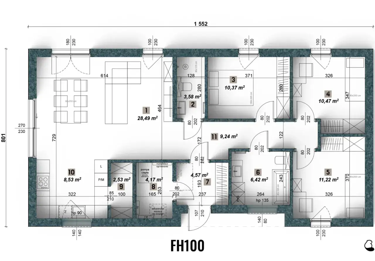Projekt domu 100m2 FH100: parterowy dom z 4 sypialniami, salonem, kuchnią i pomieszczeniami technicznymi.