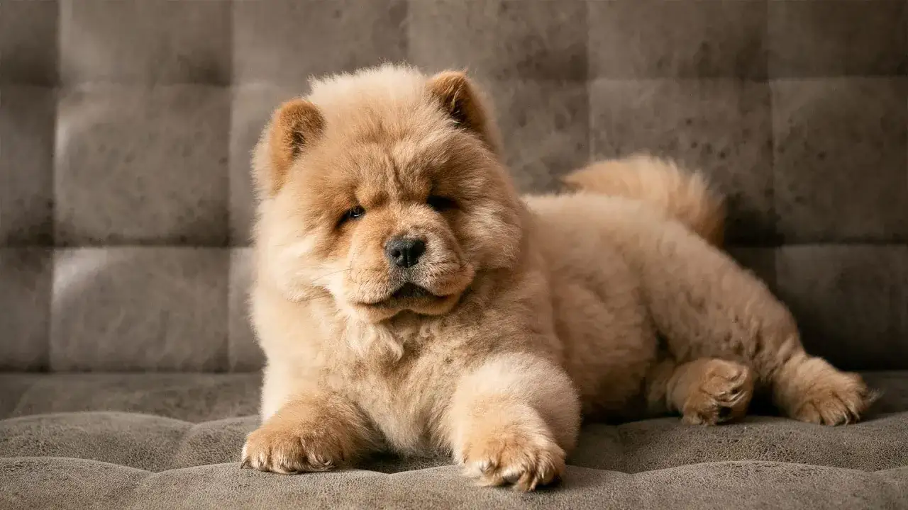 Puszysty szczeniak rasy chow chow, kt&oacute;ry może żyć nawet 15 lat, leży na kanapie.