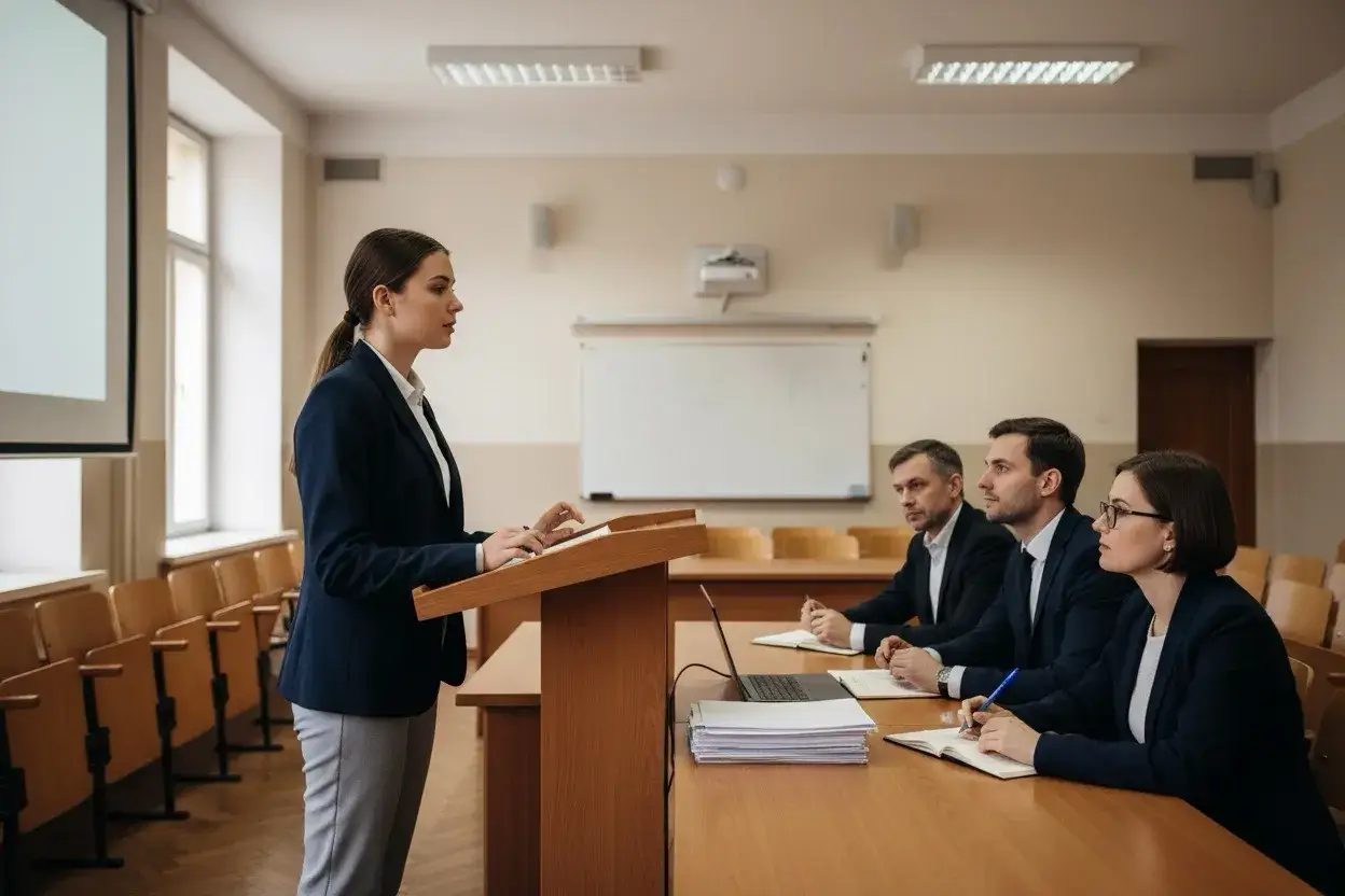 Studentka prezentuje pracę magisterską przed komisją. Zastanawiasz się, ile jest czasu na obronę pracy magisterskiej po ukończeniu studiów?
