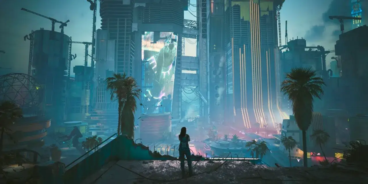 Nocne miasto w stylu cyberpunk multiplayer. Kobieta patrzy na neonowe wieżowce i palmy.