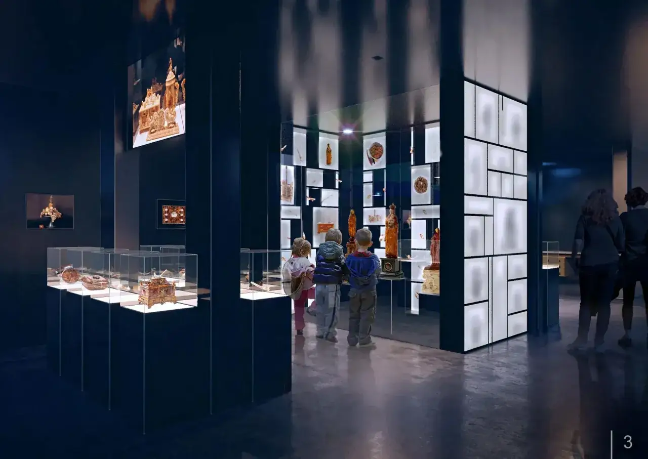 Dzieci zwiedzają wystawę w muzeum, podziwiając eksponaty, które mogą przypominać te z wielkiego młyna w Gdańsku.