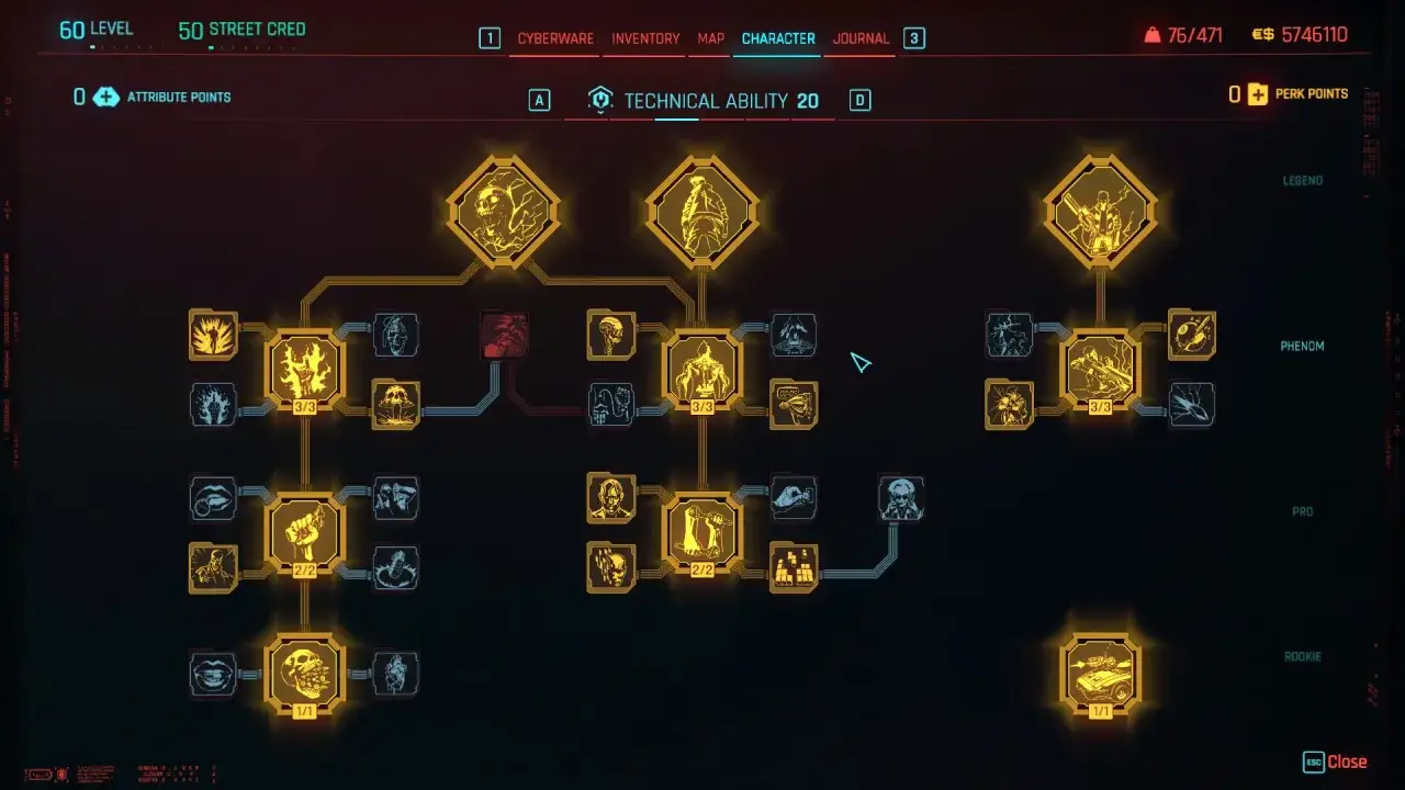 Árbol de habilidades de personaje en Cyberpunk 2077, mostrando el nivel máximo de habilidad técnica.