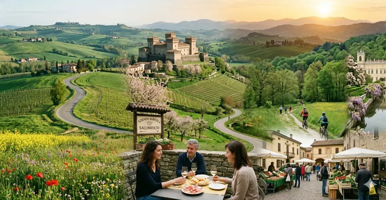 Scenic Italian countryside with a castle, vineyards, and people enjoying food and cycling. Perfect for day trips from Parma, Italy.