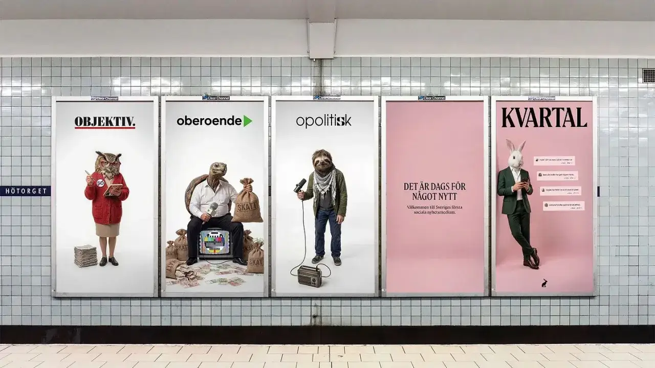 En reklam för Kvartal med djur som representerar olika nyhetsaspekter: en objektiv uggla, en oberoende sköldpadda, en opolitisk sengångare och en kanin som kollar mobilen.
