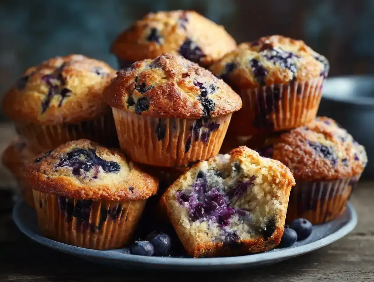 En h&ouml;g med saftiga muffins med bl&aring;b&auml;r. En muffin &auml;r uppskuren och visar det mjuka inkr&aring;met fyllt med b&auml;r.