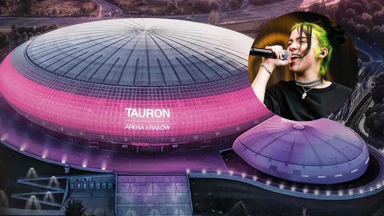 Billie Eilish Polska w Tauron Arenie Kraków. Ikona muzyki na tle nowoczesnej hali widowiskowej.