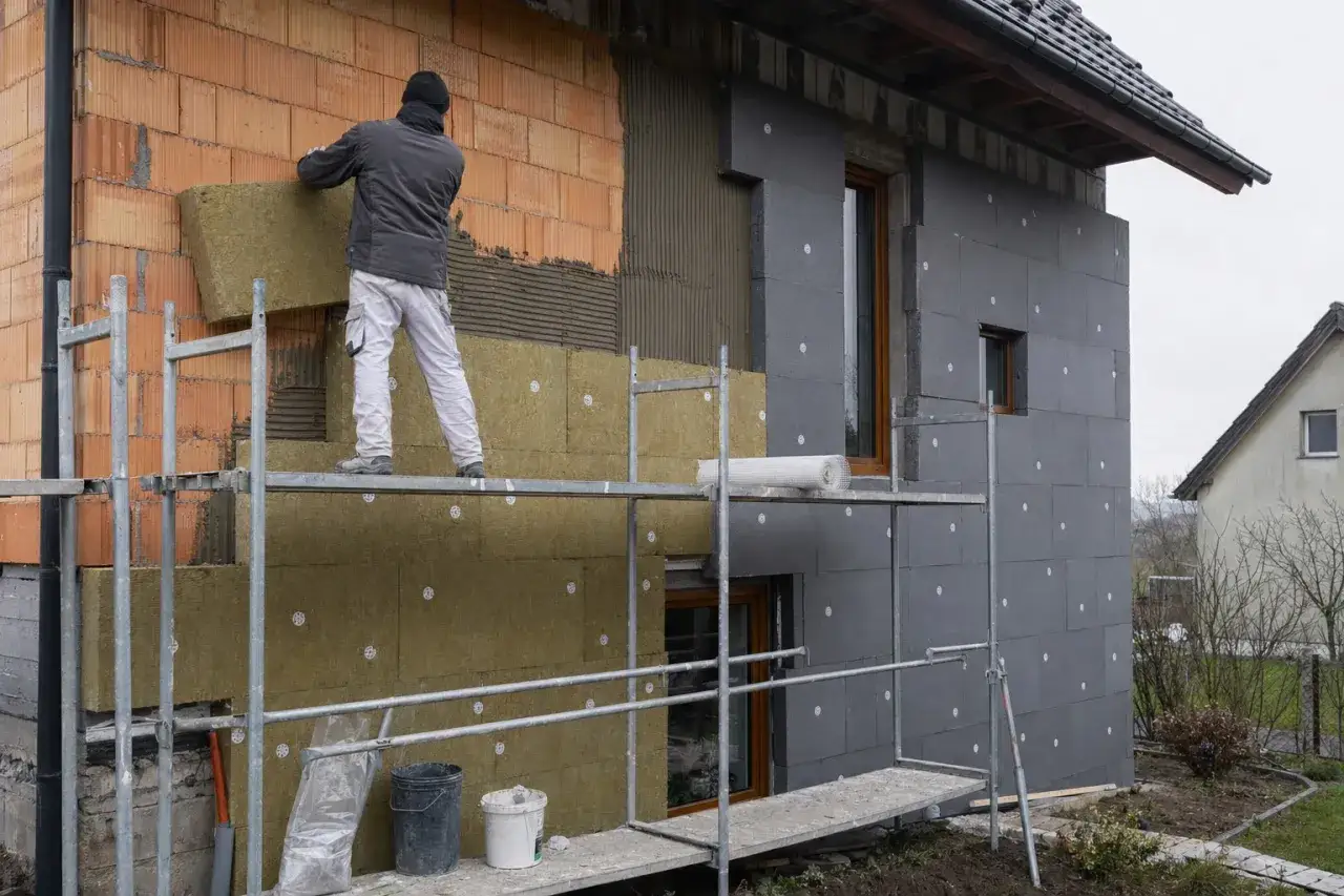 Pracownik na rusztowaniu montuje płyty izolacyjne, poprawiając termoizolację budynku.