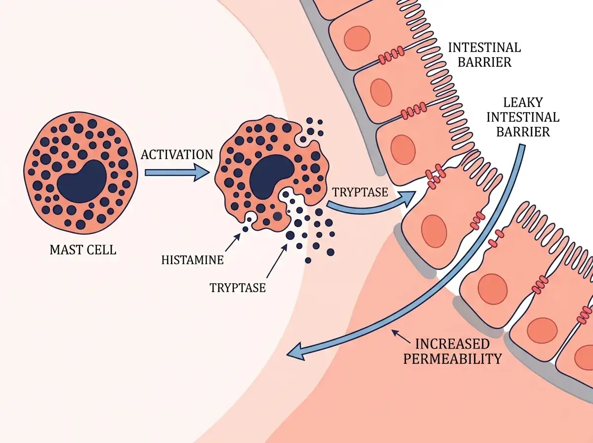 Attivazione mastociti rilascia istamina e triptasi, compromettendo la barriera intestinale e causando un leaky gut con aumentata permeabilità.