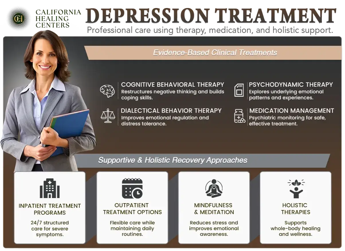 Dekalog leczenia depresji: terapia poznawczo-behawioralna, psychodynamiczna, DBT, farmakoterapia, programy stacjonarne, ambulatoryjne, mindfulness, terapie holistyczne.