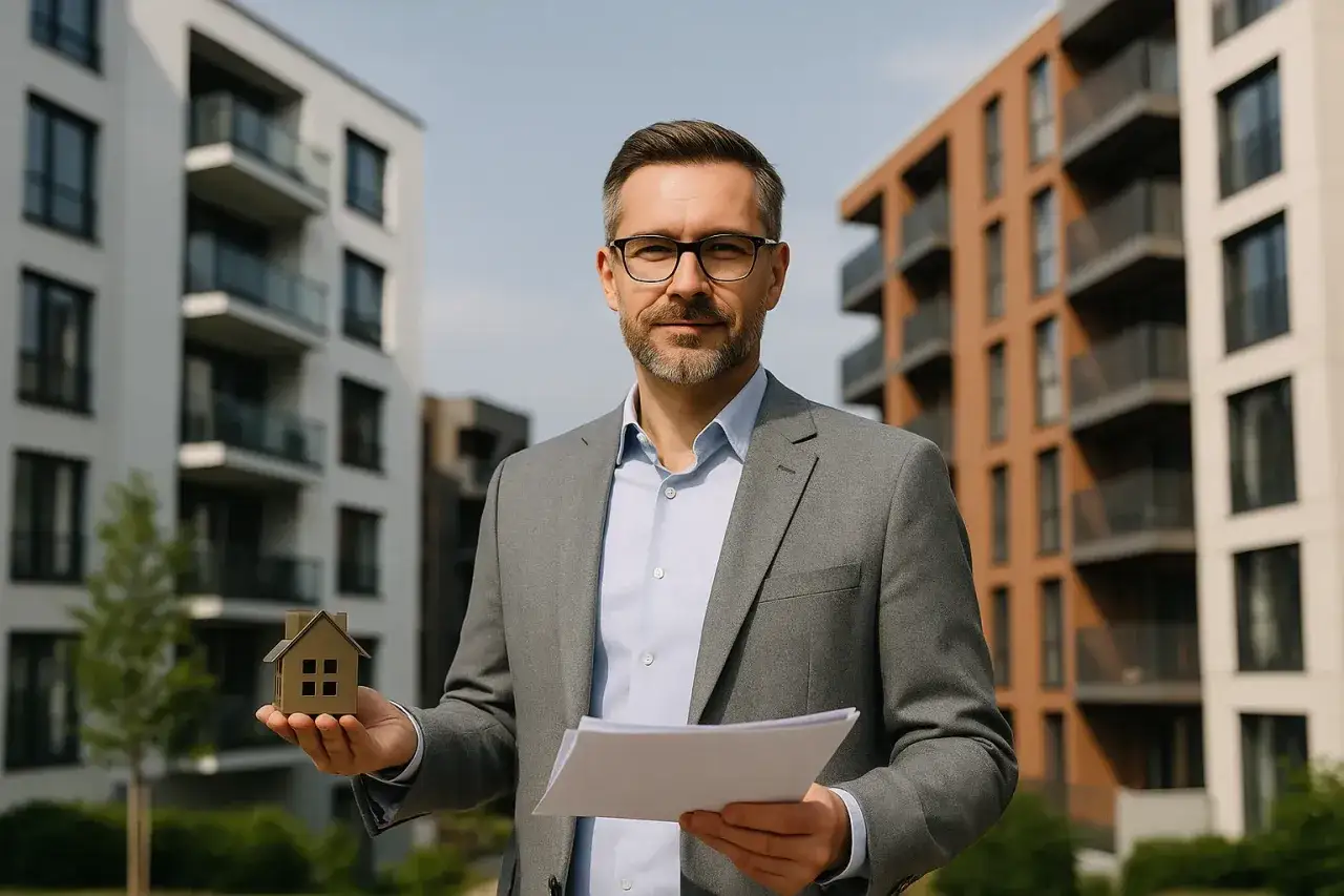 Makler mit Hausmodell und Dokumenten vor Neubauten in Bonn. Informiert über die Mietpreisbremse.