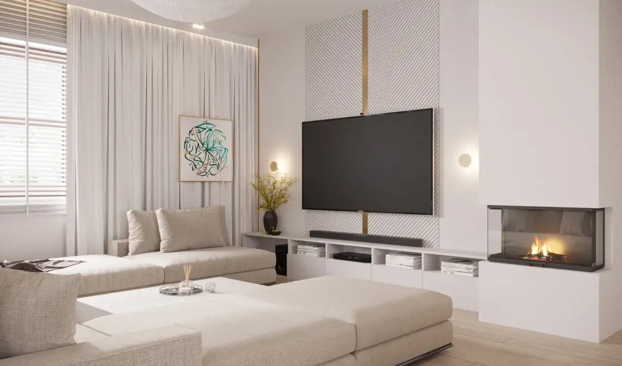 Nowoczesna ściana TV glamour z kominkiem i wygodną kanapą.