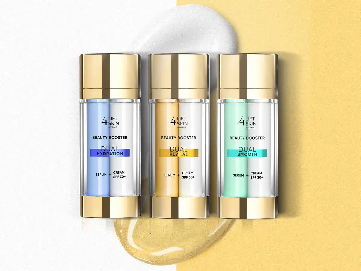 Trzy kosmetyki LIFT 4 SKIN: Dual Hydration, Dual Revital i Dual Smooth, z płynnymi konsystencjami i złotymi elementami.