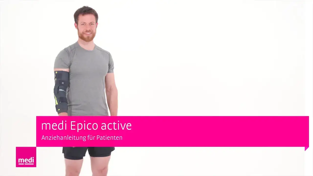 Mann mit medi Epico active Ellenbogenorthese. Anleitung: Ellenbogenorthese richtig anlegen.