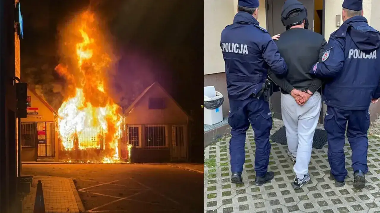 Pożar budynku i zatrzymanie sprawcy podpalenia przez policję.