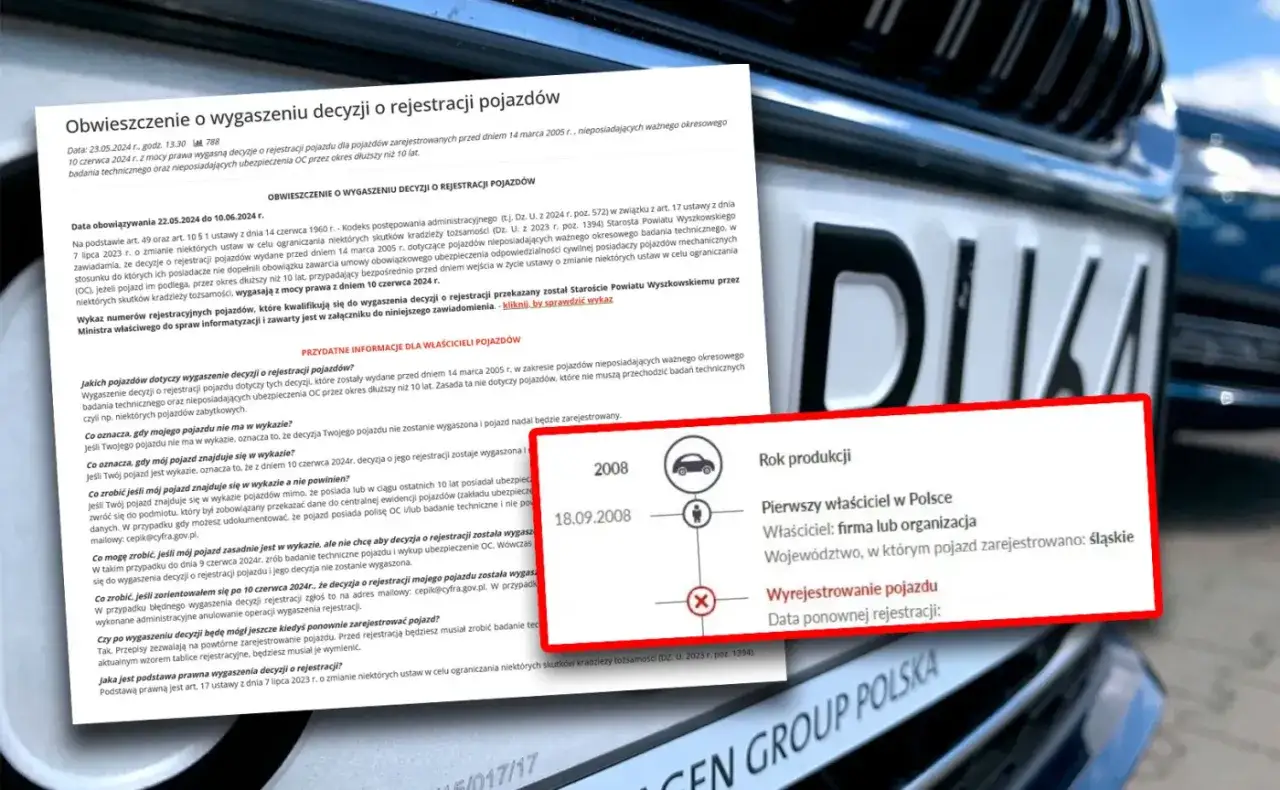 Dokument informuje o wygaszeniu decyzji o rejestracji pojazdu, bo poprzedni właściciel nie przerejestrował auta. Widoczny jest fragment tablicy rejestracyjnej.