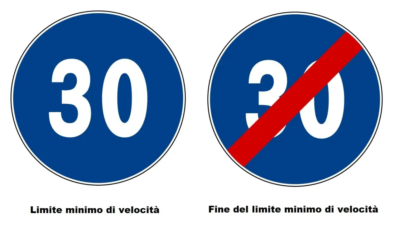 Segnale 105: limite minimo di velocità 30 e fine del limite minimo di velocità 30.
