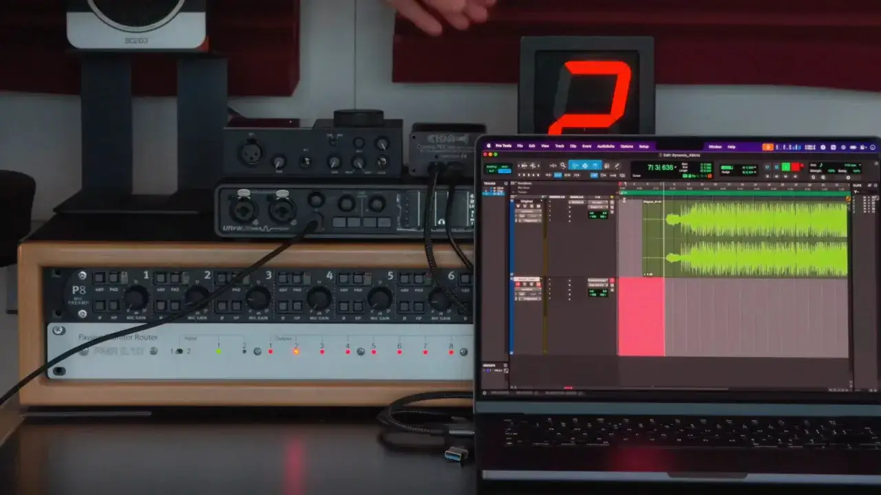 Audio-Setup mit Lautsprecher, Mikrofonvorverstärkern, Monitor-Router und Laptop mit DAW-Software zur dynamischen Bereichskontrolle.