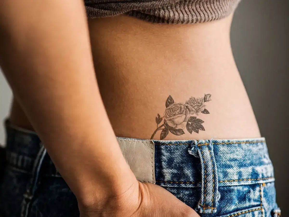 Delikatny tatuaż z różami na boku, idealny dla kobiet. Nowości w świecie tatuaży damskich.