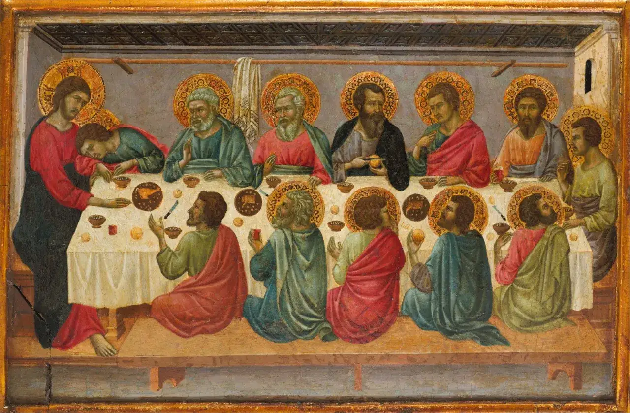 Jezus i dwunastu apostoł&oacute;w przy stole podczas Ostatniej Wieczerzy.