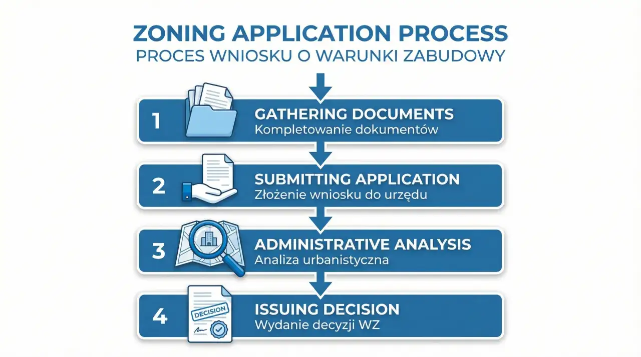 Schemat procesu uzyskania decyzji środowiskowej a warunków zabudowy: kompletowanie dokumentów, złożenie wniosku, analiza urbanistyczna, wydanie decyzji WZ.